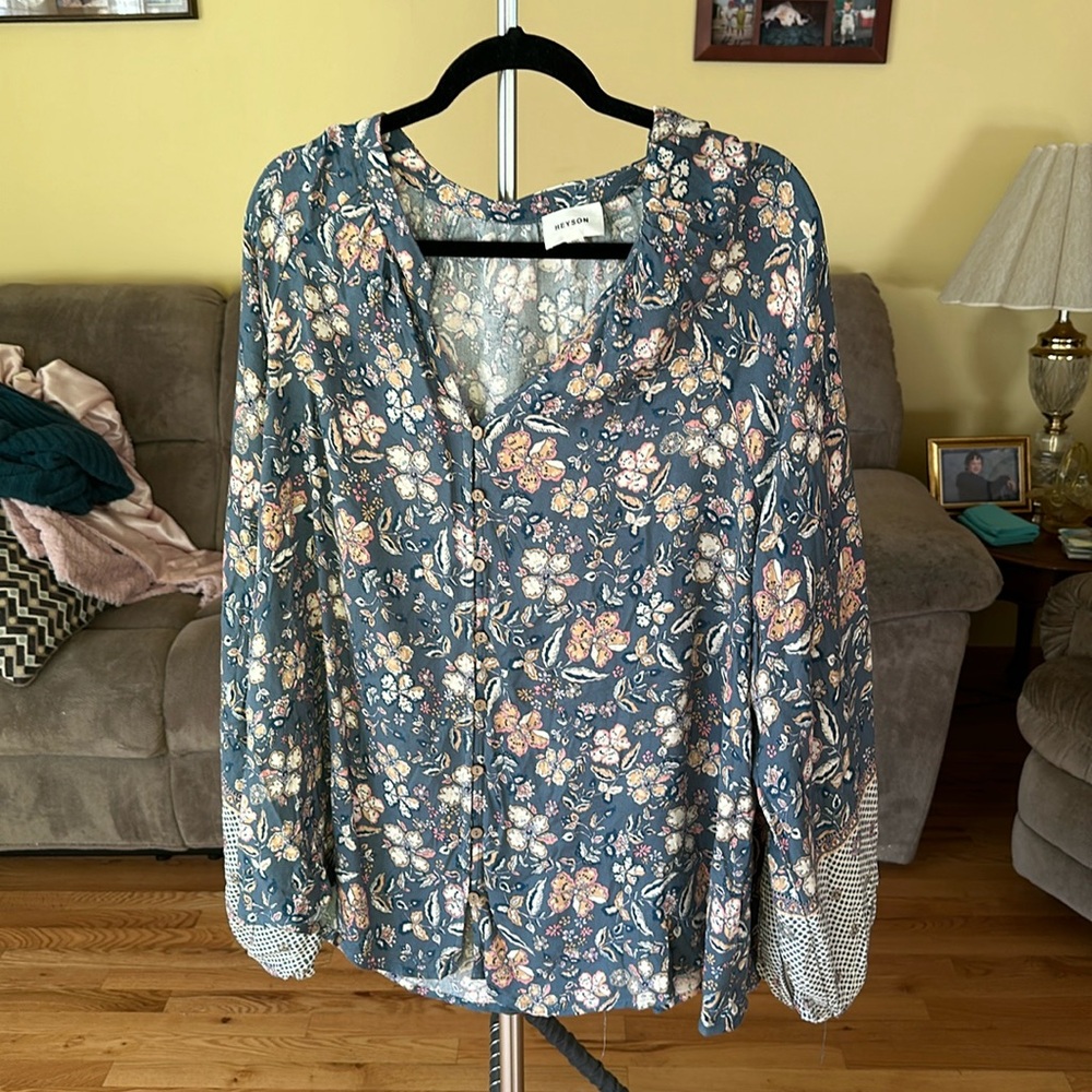Slate blue floral long-sleeved peasant top
